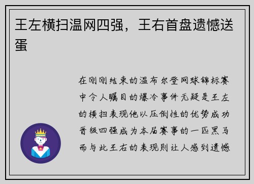 王左横扫温网四强，王右首盘遗憾送蛋